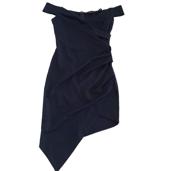 Trac Women SIZE S Navy Blue Off Shoulder Mini Dress Asymmetrical Hem Cocktail - Picture 7 of 13